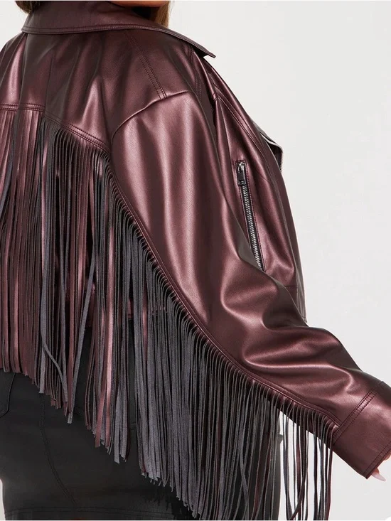 Fashion Nova Fringe Faux Leather Moto Jacket - Deep Burgundy - Picture 2 of 3